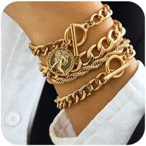 Stylish 4-Pc Set of Gold and Silver Stackable Bracelets for Women's Fashion